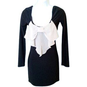 ---  Ultra Light Black Slinky Dress with Big White Bow Fits Small